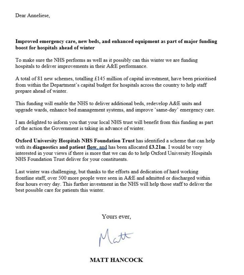 Funding letter from Health Secretary, 7 September 2018