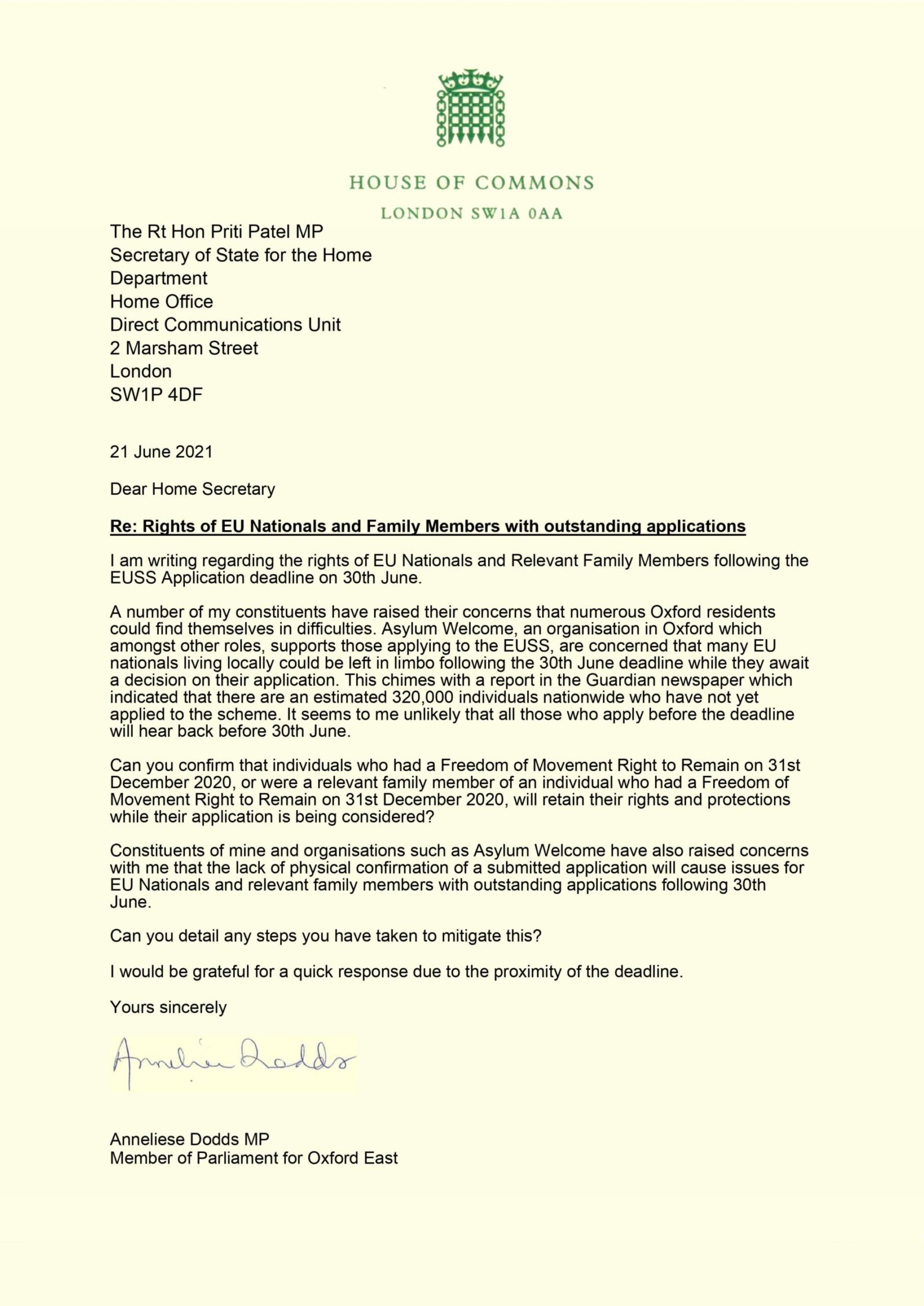 Anneliese Dodds MP letter to the Home Secretary regarding EUSS pending applications