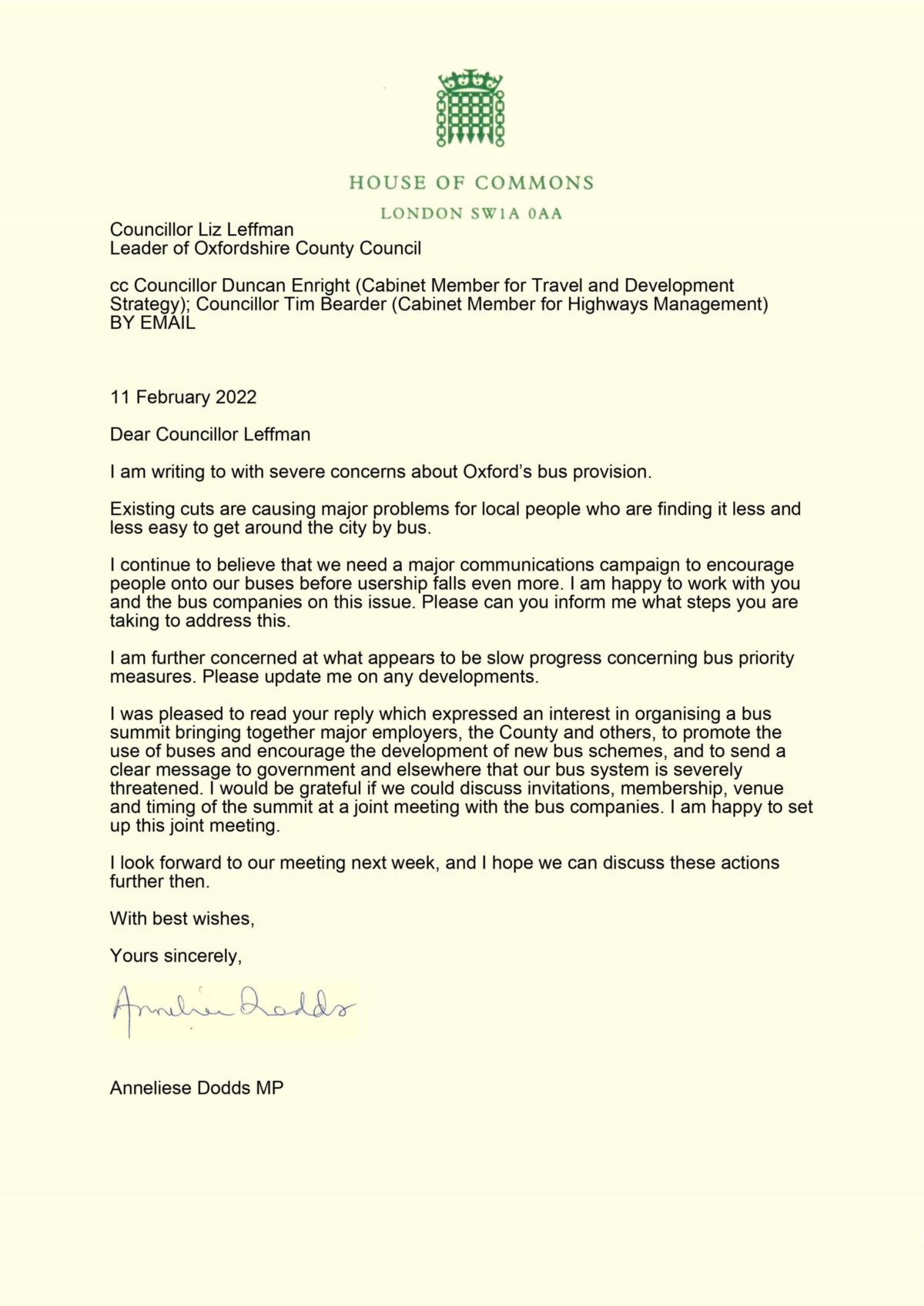 Letter from Anneliese Dodds to Liz Leffman regarding Oxford